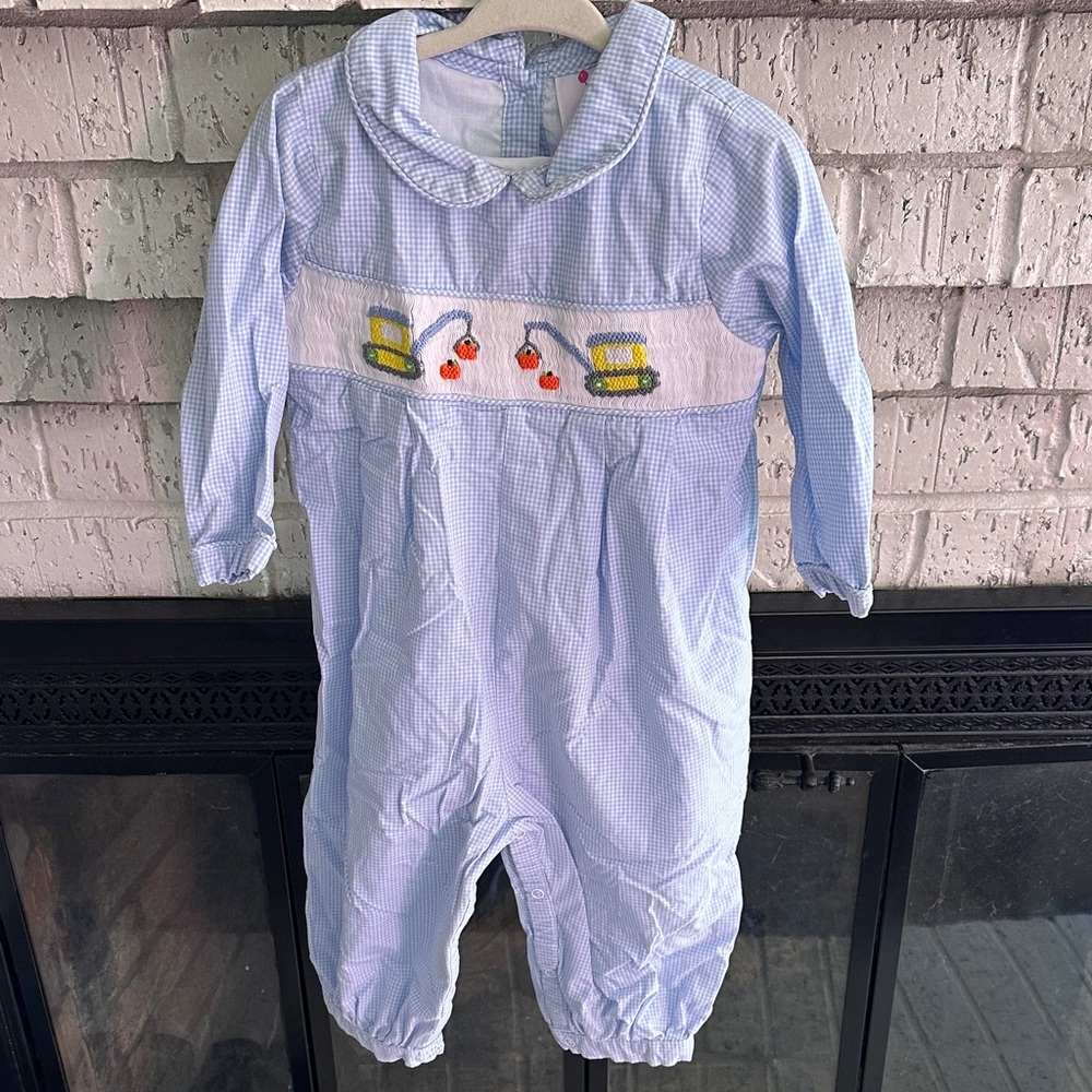Eliza James Smocked Blue Gingham Baby Romper with Embroidered Details